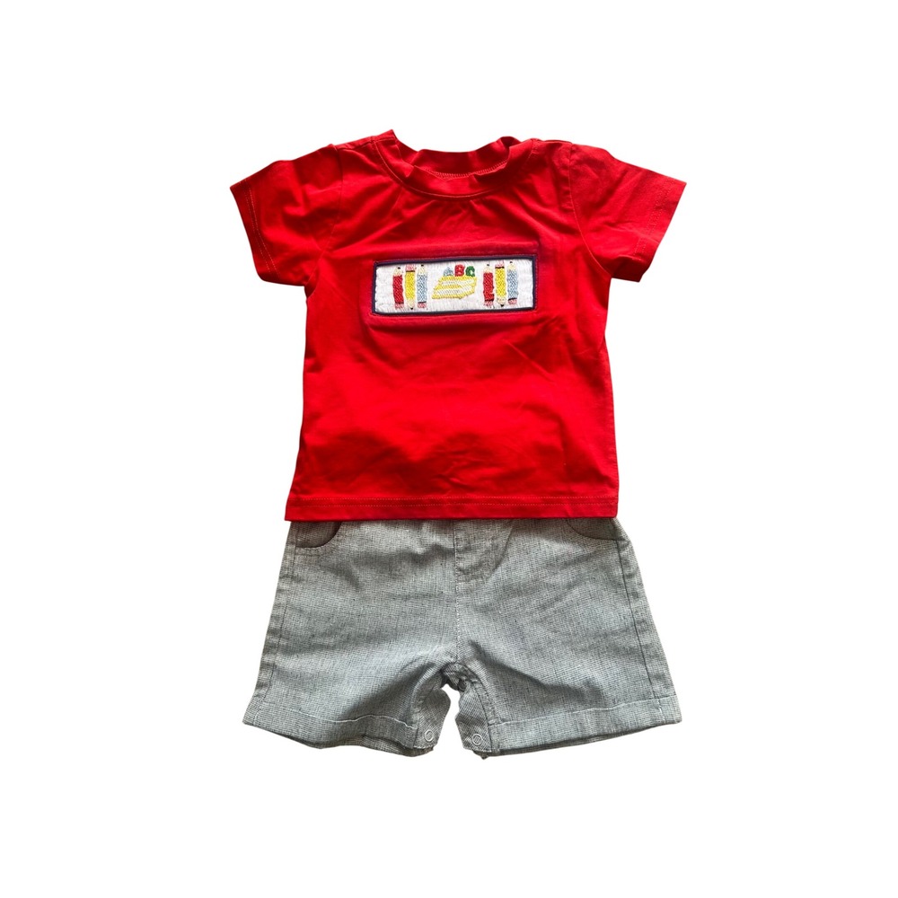 The Little Tribe Boys Red Smocked School Outfit 18M Pencils ABC Shorts